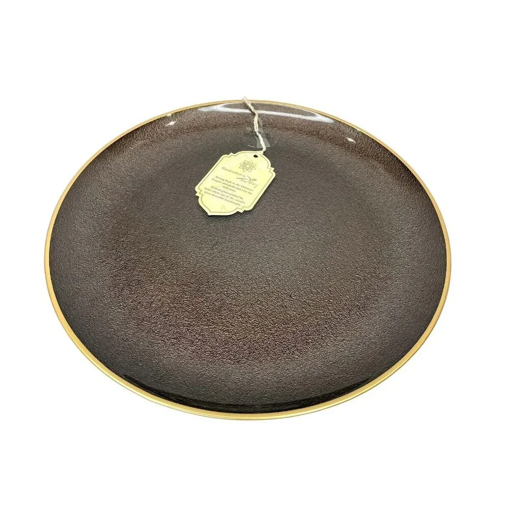 Turkish Glass 4 Charger Plates Set Brown Textured Gold Rim 13